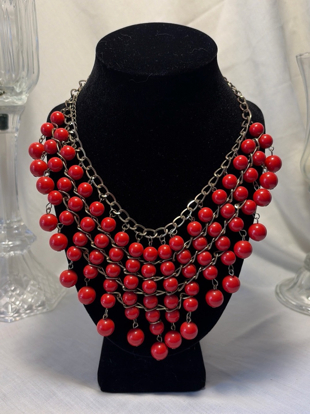 Red Layered Bead Necklace - Women's Statement Jewelry Vintage Bib